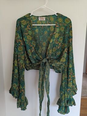 Tie-Front Floral Blouse in Green - Gilded Lily